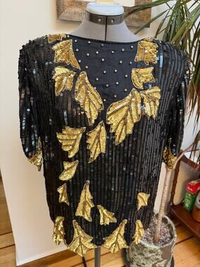 Vintage J.L.B. 100% Silk Heavy Sequined Beaded Leaf Evening Top Blouse M/L